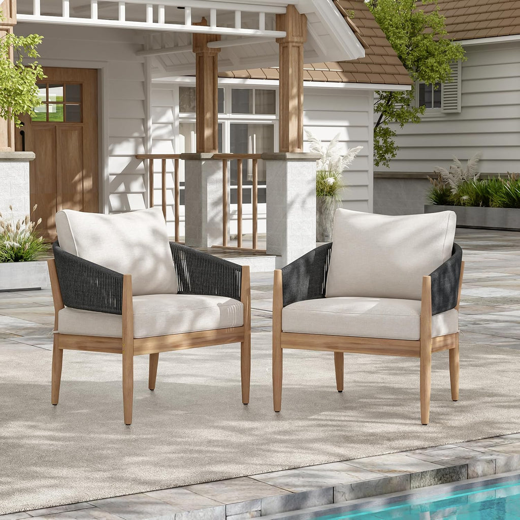 Christopher Knight Home Naomi Set of 2 Patio Acacia Wood Club Chair with Cushions, Handwoven Rope Lounge Chair Outdoor for Porch/Backyard, Stylish Garden Seating with Curved Backrest, Beige + Black