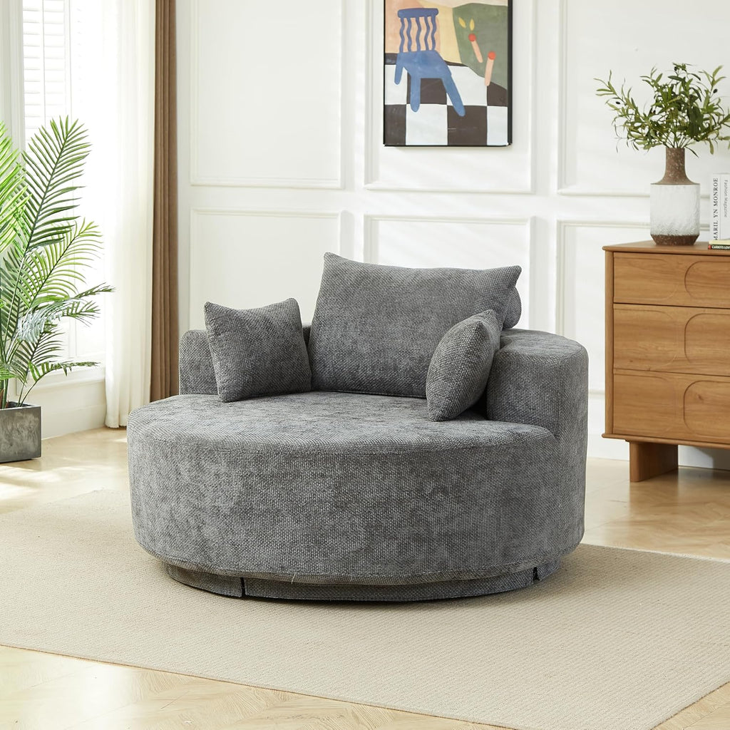 KEIKI 55' Oversized Swivel Accent Chair, Chenille Barrel Chairs Upholstered Round Swivel Chair, Single Sofa Armchair, Sleeper Chair for Living Room, Lounge, Grey