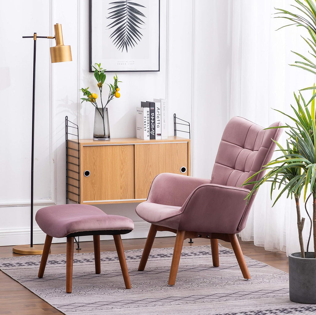 Roundhill Furniture Leiria Contemporary Silky Velvet Tufted Accent Chair with Ottoman, Mauve