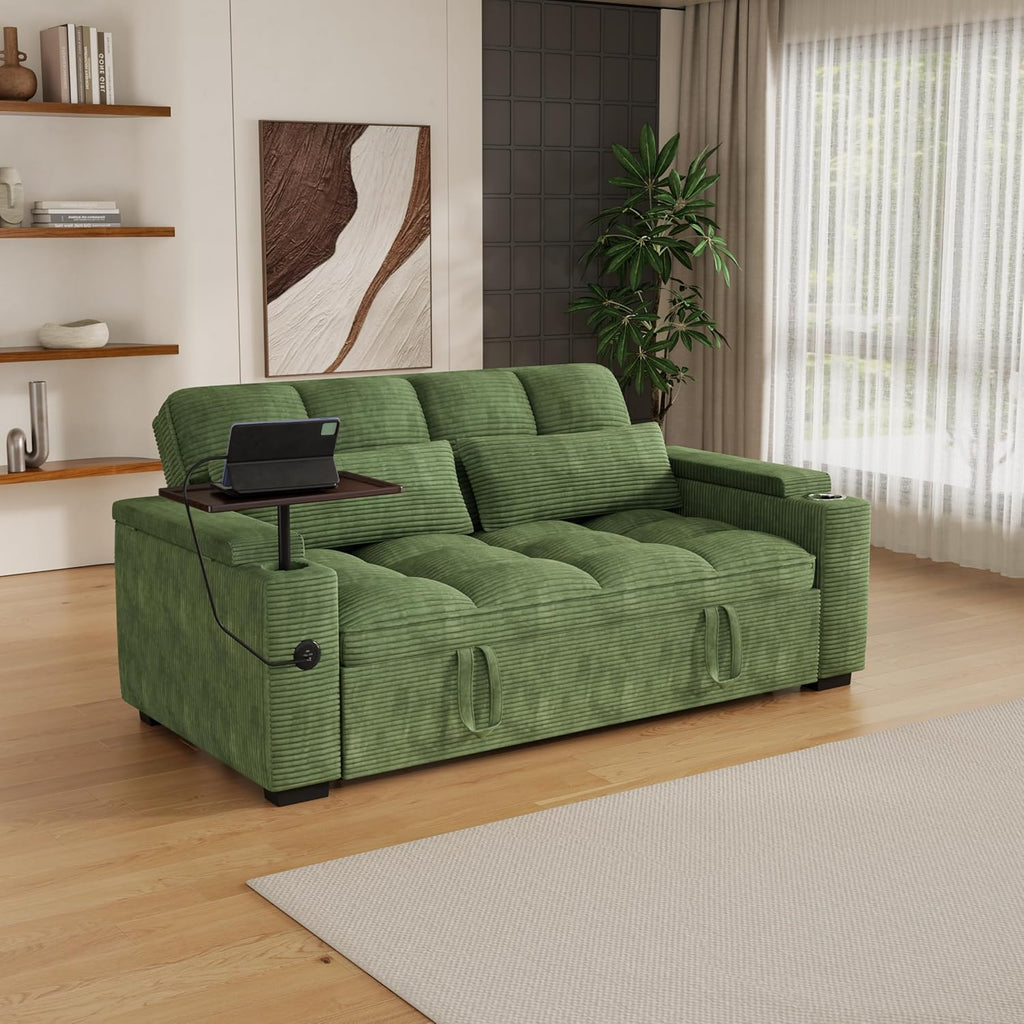 KEIKI 65' 3-in-1 Convertible Sofa Bed, Pull-Out Sleeper Couch with Adjustable Backrest, Corduroy Futon Loveseat with USB Charging Ports & Storage Arms for Guest Rooms, Studios & Small Space Living