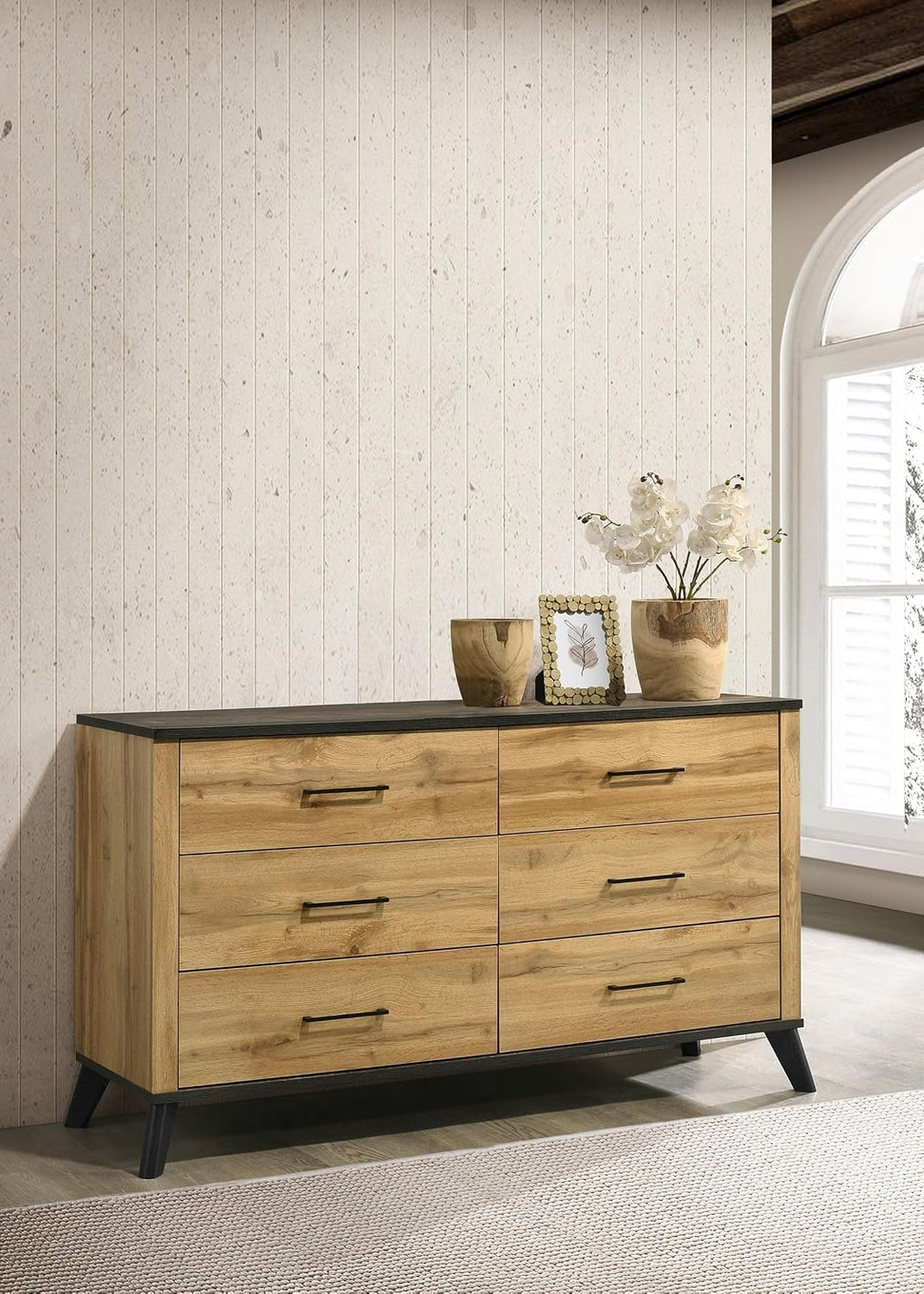 Coaster Home Furnishings - Kaywood - Engineered Wood - 6-Drawer Dresser with Mid-Century Modern Style, Two-Tone Design, Black Pull Handles, Weathered Brown Top Finish - Bedroom - Natural Pine - 225003