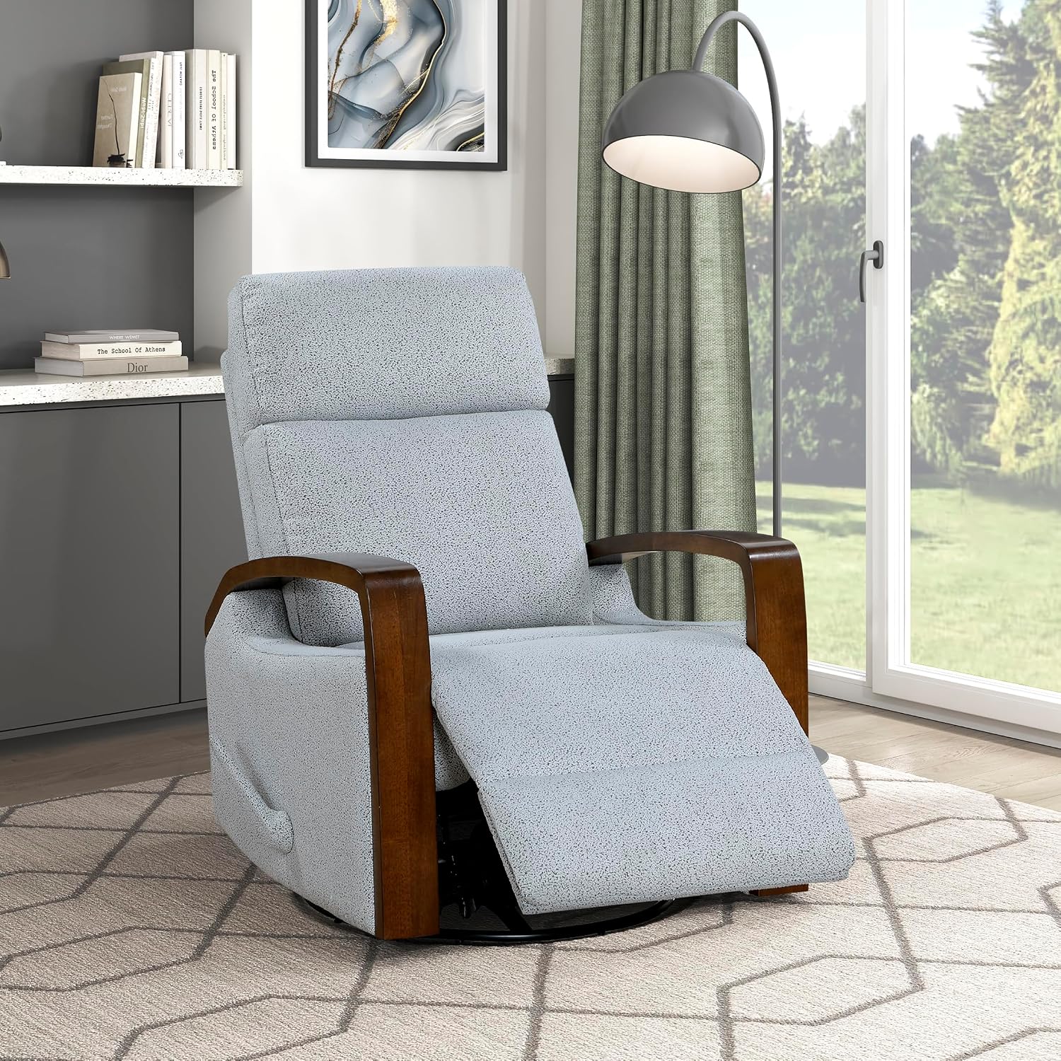 Lexicon 360 Degree Swivel Glider Reclining Chair, Soft Boucle Manual Recliner, Comfy Nursery Glider Recliner, Wood Arms, Pull Handle for Living Room/Office/Bedroom/Apartment, Gray