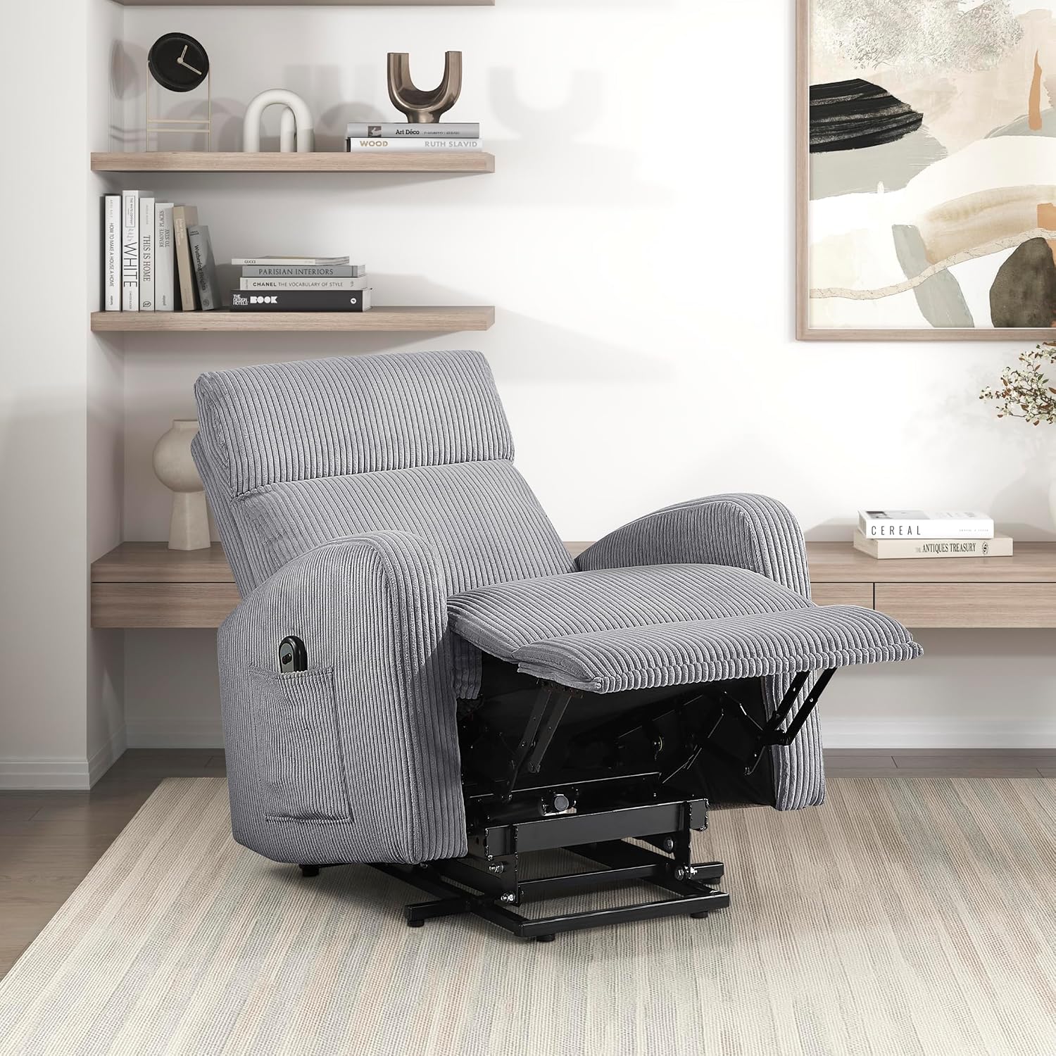 Lexicon Power Lift Recliner Chair for Elderly with Remote Control, Gentle Lift Motion, Side Pocket Armrest, Corduroy Upholstered Electric Recliner for Living Room/Bedroom, Easy Assembly, Dark Gray