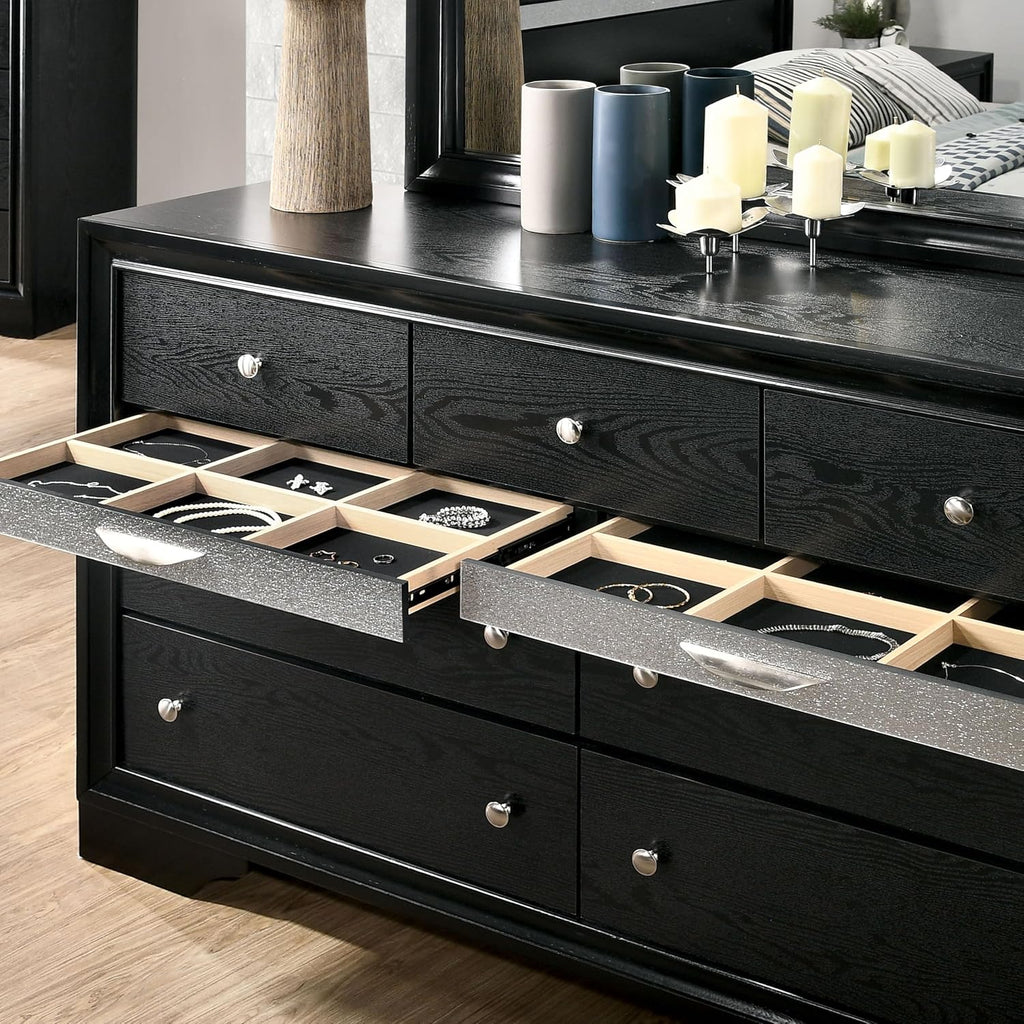 HOMES: Inside + Out Dierks Modern Wood 2-Piece Nightstand and 9-Drawer Dresser Set with Jewelry Storage for Bedroom, Black