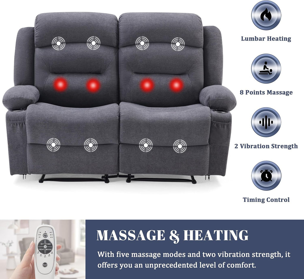 Weture Oversized Recliner Loveseat with Heat and Massage, Wall-Hugger Reclining Sofa with Cup Holders and USB Port, Big Large 2-Seater Double RV Recliner Loveseat for Living Room (Fabric, Grey)
