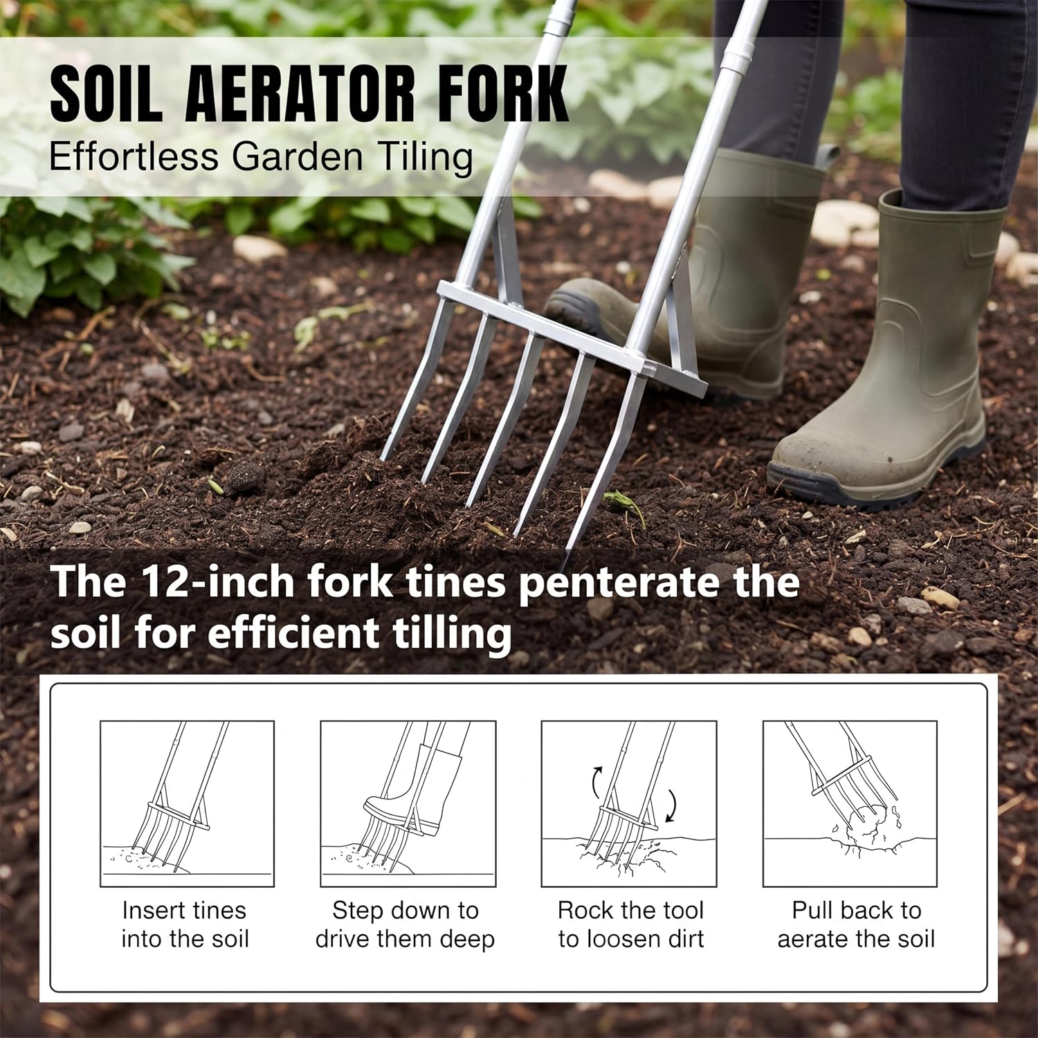 56 Inch 5-Tine Heavy Duty Broadfork, Rust-Resistant Professional Garden Fork with Widened Foot Pedal, High-Strength All-Steel Soil Tiller for Aerating Clay Soil for Farming