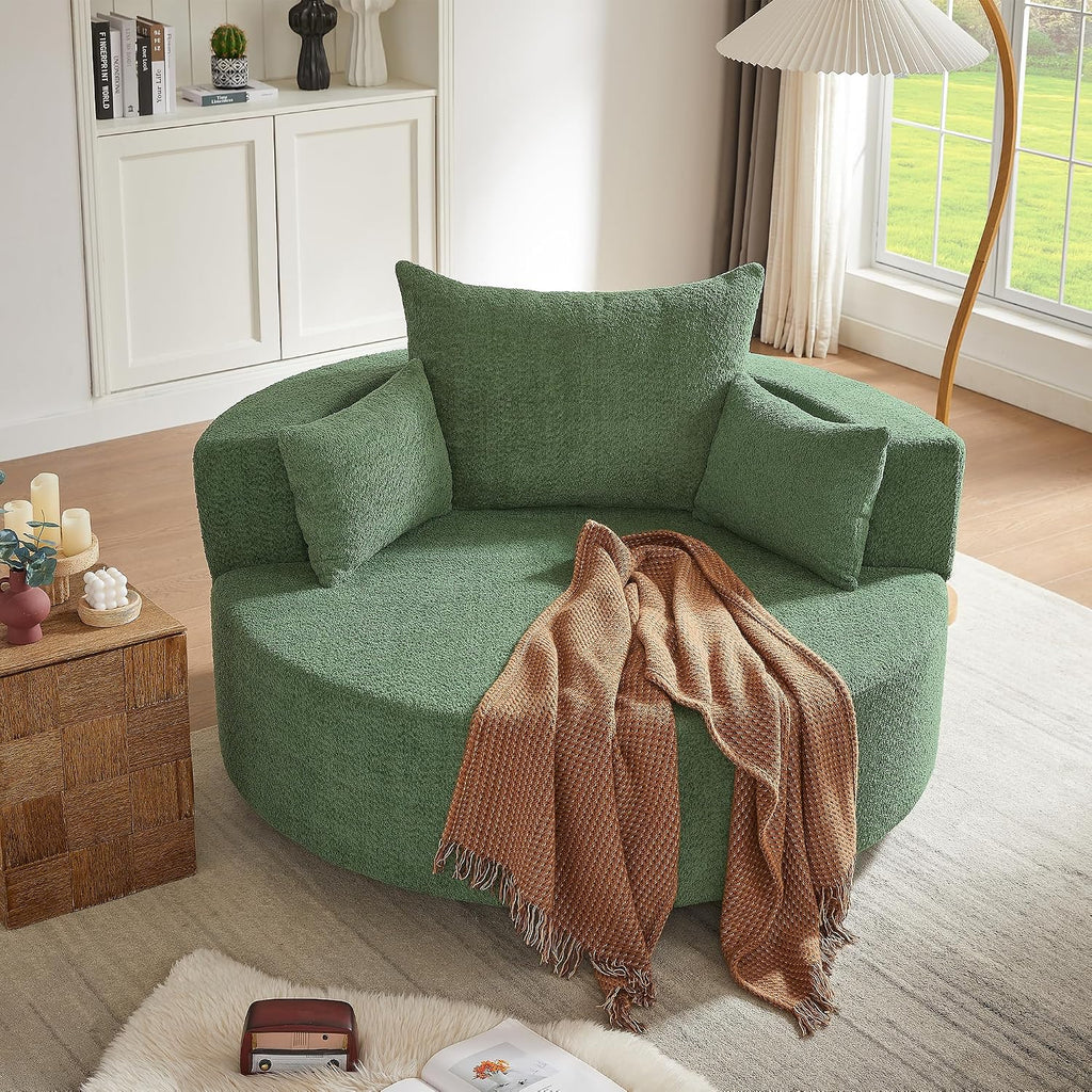 Merax 360° Swivel Chair, Chenille Fabric Accent Barrel Chair, Swivel Round Sofa Chair with 3 Removable Pillows for Living Room, Bedroom, Office and Hotel, Green