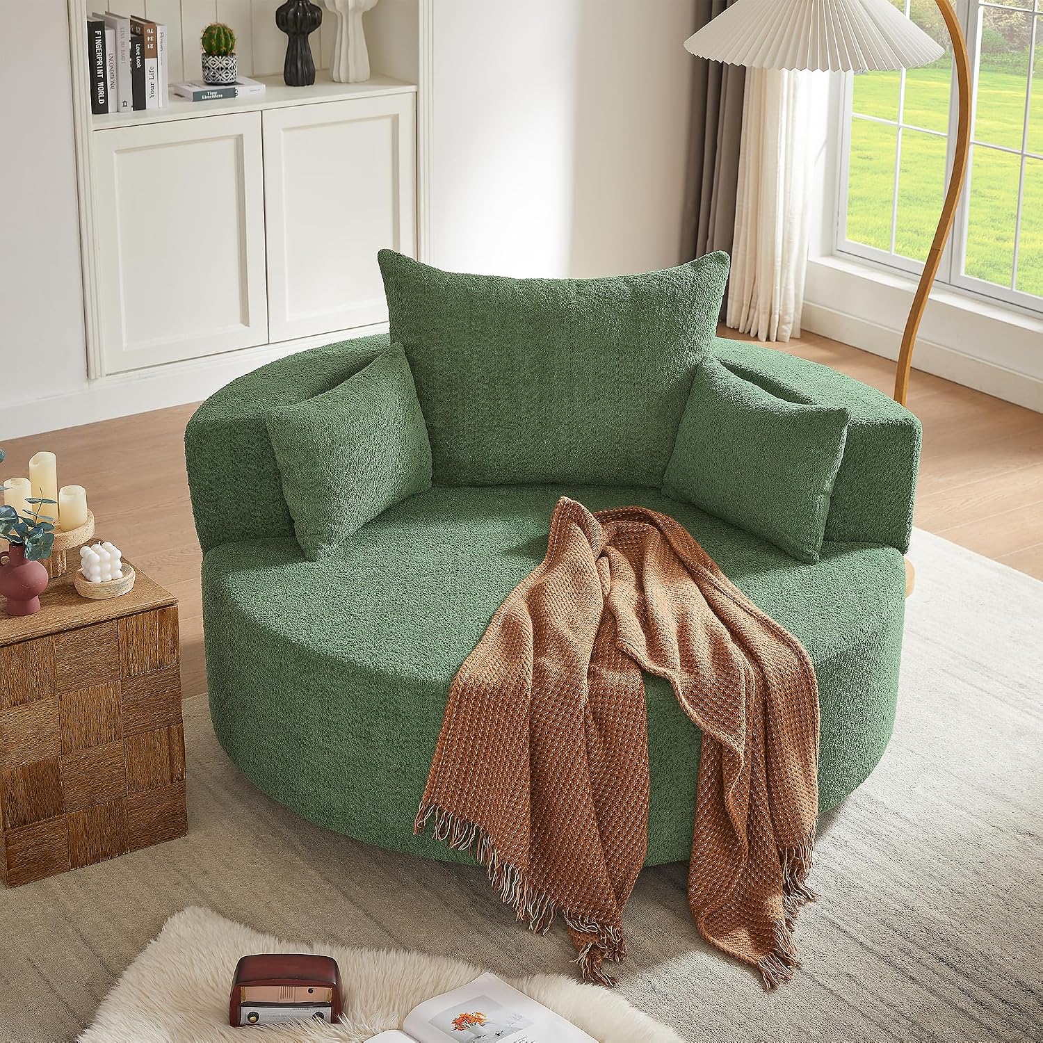 Merax 360° Swivel Chair, Chenille Fabric Accent Barrel Chair, Swivel Round Sofa Chair with 3 Removable Pillows for Living Room, Bedroom, Office and Hotel, Green