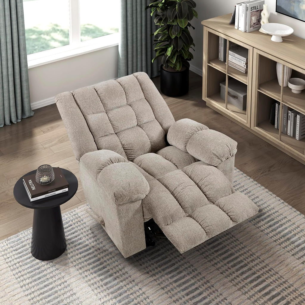 Lexicon Chenille Rocker Reclining Chair for Adults, Rocker Pull Handle Recliner, Nursery Chair for Living Room/Bedroom, High Back, Pillow Top Arms, High Density Foam Cushions, Light Brown