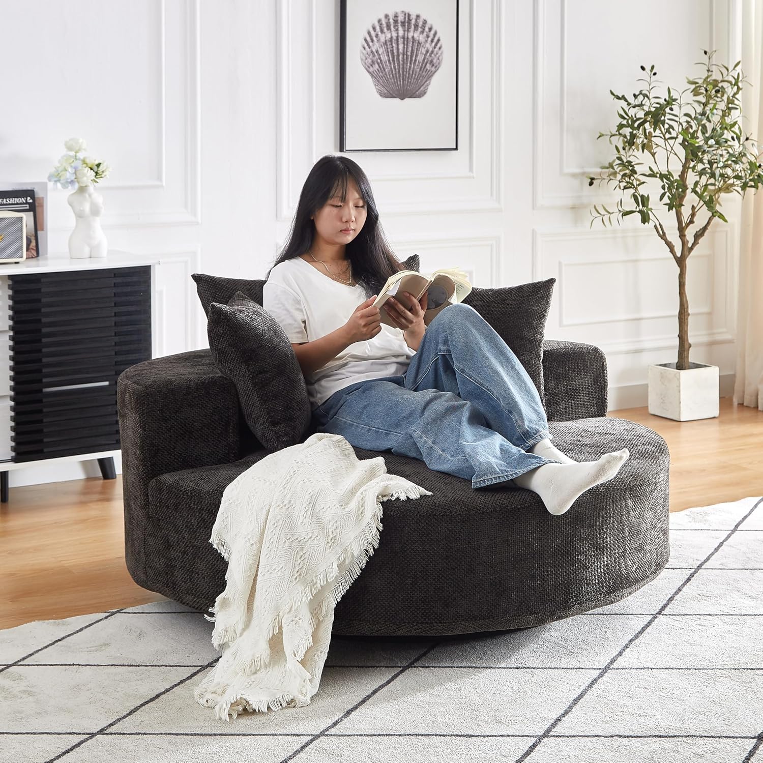 KEIKI 55' Oversized Swivel Accent Chair, Chenille Large Barrel Chairs, Upholstered Round Swivel Chair Single Sofa Armchair, Sleeper Chair for Living Room, Lounge, Black