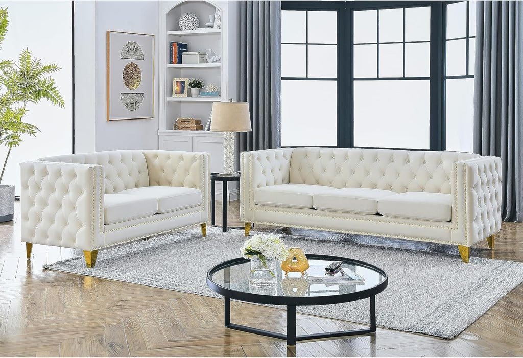 KEIKI Tufted Velvet 3+2 Seat Sofa Couch for Living Room, Buttons Tufted Square Arm Couch for Home Apartment, Beige