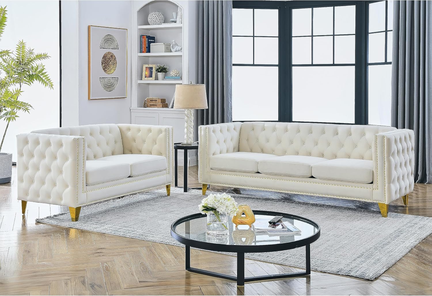 KEIKI Tufted Velvet 3+2 Seat Sofa Couch for Living Room, Buttons Tufted Square Arm Couch for Home Apartment, Beige