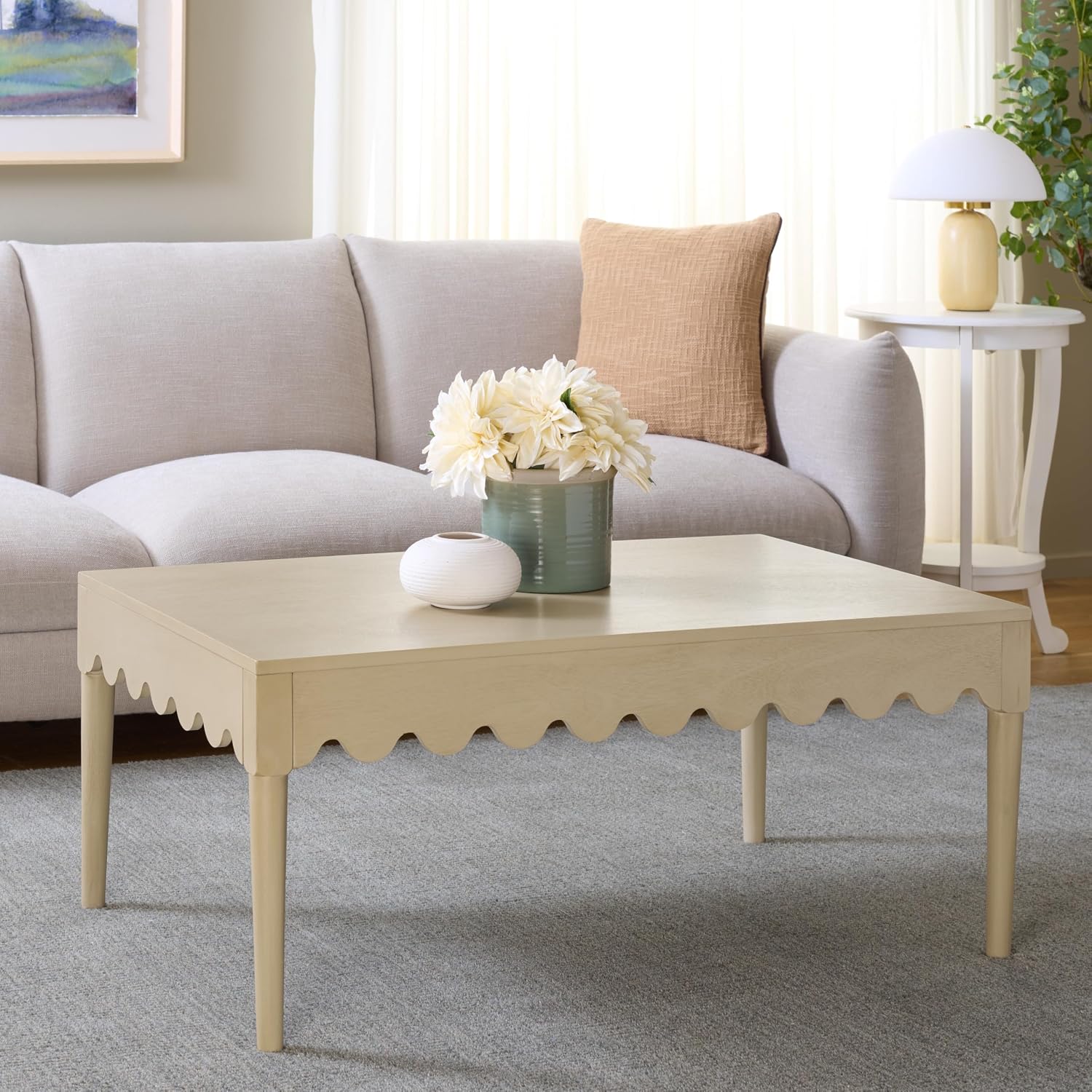 SAFAVIEH Home Collection – Neha Natural Brown Rectangular Coffee Table, Solid Wood Frame with Scalloped Apron (COF5705B)