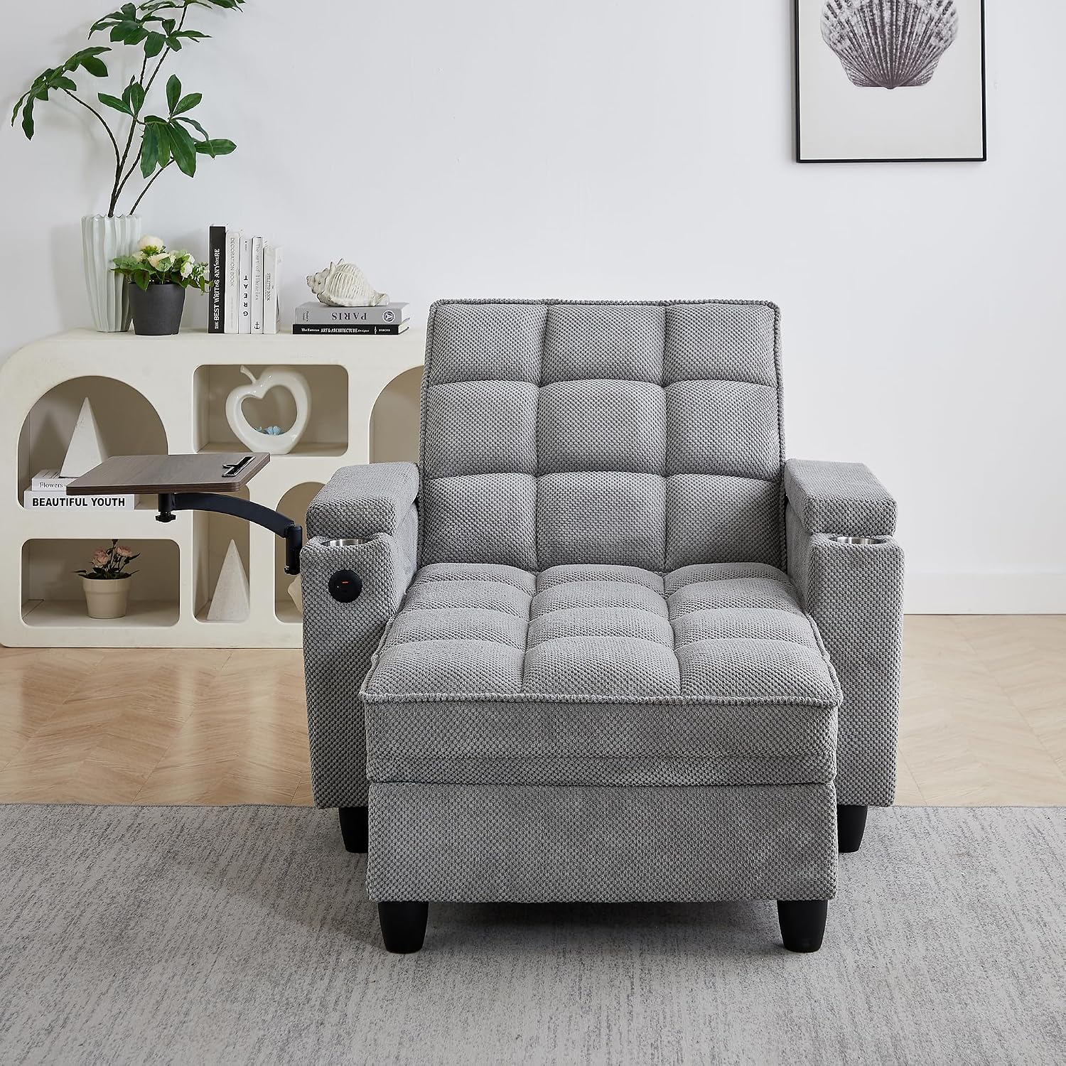 Eafurn 6-Position Adjustable Convertible Chaise Lounge Sleeper Chair with Storage, Modern Recliner Armchair with Swivel Tray Table & USB Port, Multi-Functional Tufted Accent Chair for Small Space