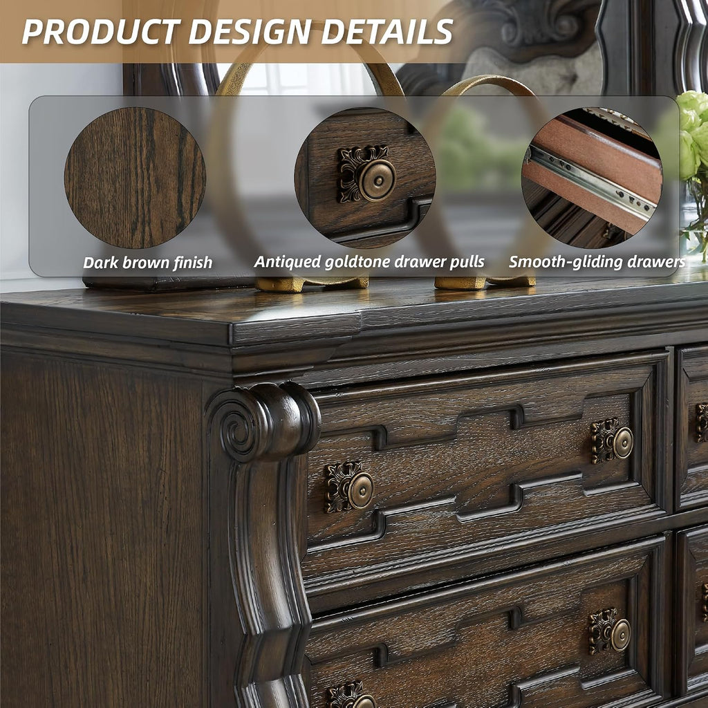 Signature Design by Ashley Maylee 6 Drawer Traditional Dresser with Mirror, Bedroom Chest of Drawers, Hardwood Solids, Oak & Ash Swirl Veneers, MDF Substrates, Cast Resin, Dark Brown