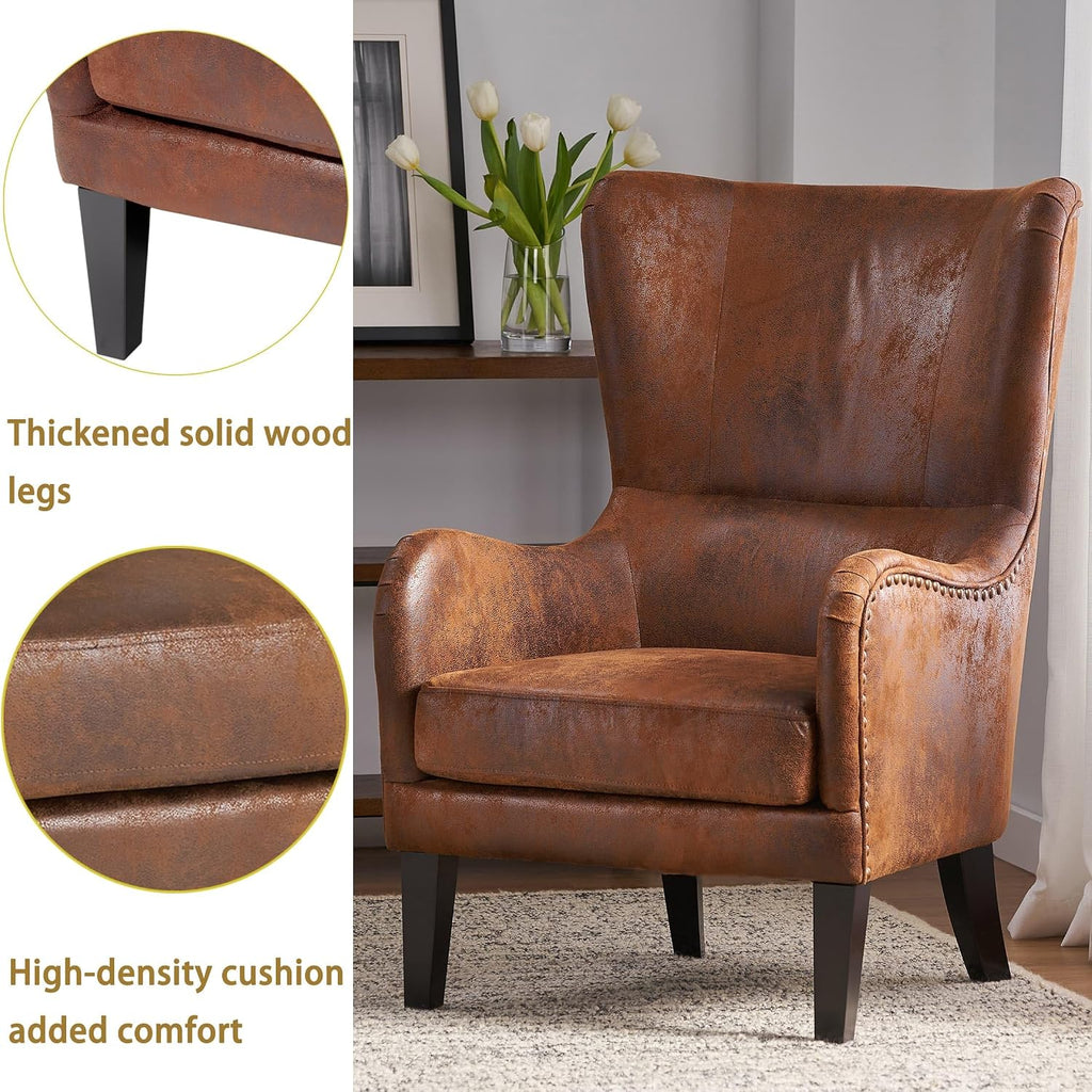 Mid-Century Modern Accent Chairs, 27' Wide Wingback Club Chair with Nailhead Trim, Fabric Reading Living Room Side Chair, Faux Leather Armchair Sofa