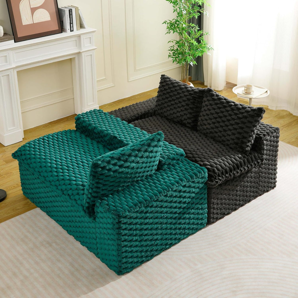 KEIKI 120' Modular Boneless Couch Full Chaise for Bedroom, 4-Seater Sectional Couches for Living Room Furniture, Deep Seat Fluffy Soft Sofa Bed for Studio Apartment Room Pet Friendly, Black Green