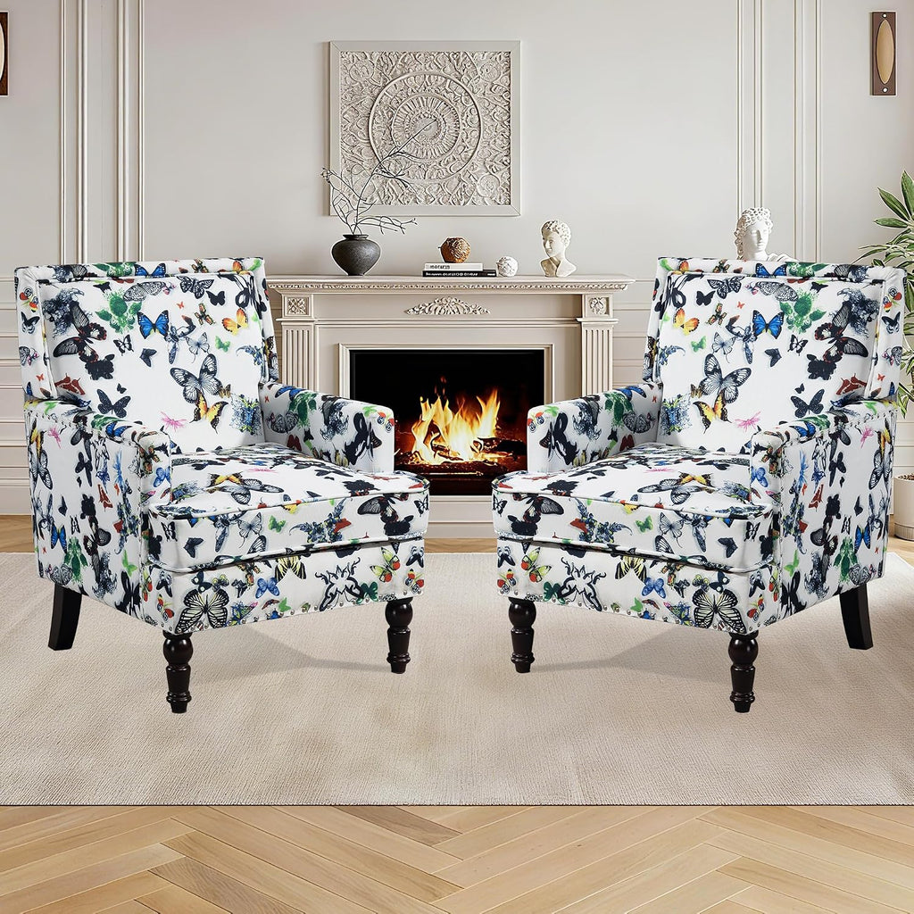 Accent Chair, Modern Comfy Mid-Century Accent Chairs, Linen Upholstered Wingback Lounge Arm Chair with Solid Wood,Single Floral Pattern Sofa Chair for Living Room/Office/Balcony/Bedroom