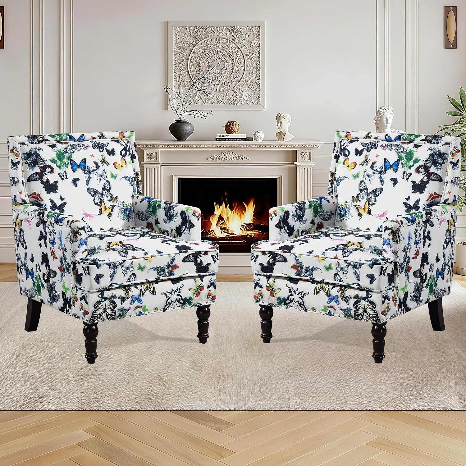 Accent Chair, Modern Comfy Mid-Century Accent Chairs, Linen Upholstered Wingback Lounge Arm Chair with Solid Wood,Single Floral Pattern Sofa Chair for Living Room/Office/Balcony/Bedroom