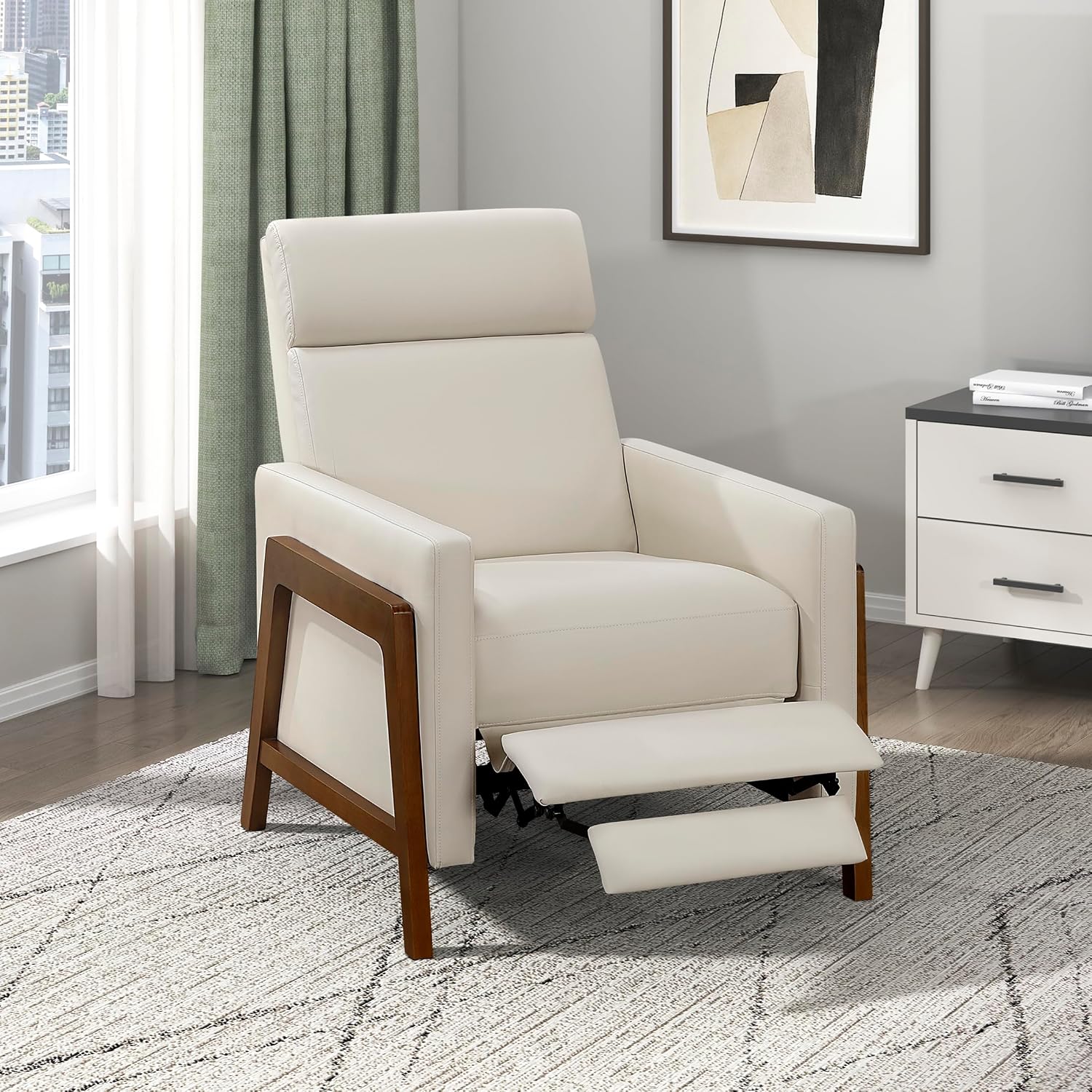 Lexicon Push Back Recliner Chair, Faux Leather Upholstered Reclining Chair with Footrest, Exposed Dark Brown Finish Wood Frame, Small Recliner for Small Space, Living Room, Bedroom, Light Beige