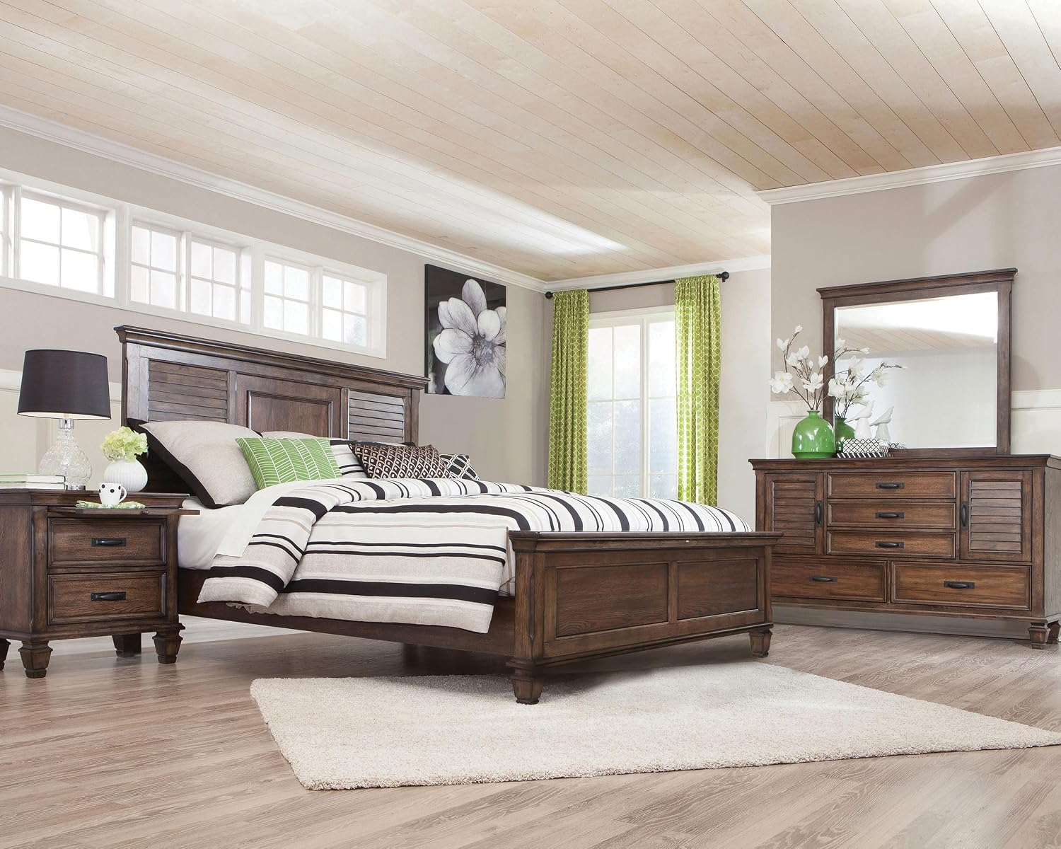 Coaster Home Furnishings Franco Farmhouse 4-Piece Bedroom Set Eastern King Size Panel Bed Frame 57-inch Headboard Burnished Oak 200971KE-S4
