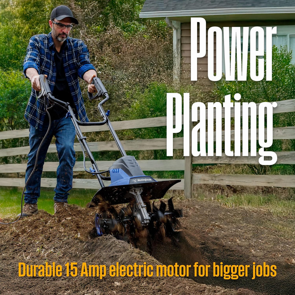 Westinghouse 18-Inch, 15 Amp Corded Electric Tiller Cultivator for Gardening with 6 Steel Blades