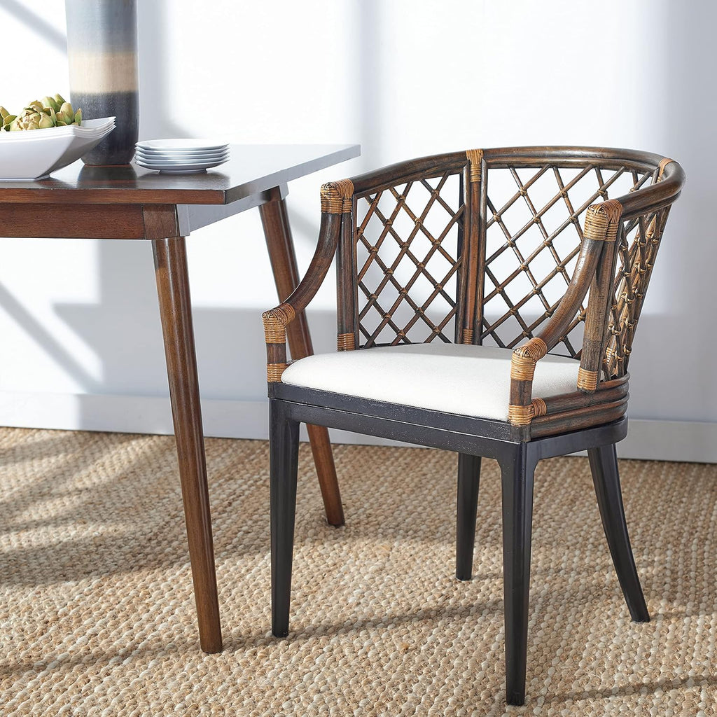SAFAVIEH Furniture - Carlotta Rattan Arm Chair - Brown & Black - Solid Wood - Coastal Open-Arm Design - Ideal for Living Room, Sunroom, Bedroom (SEA4013C)