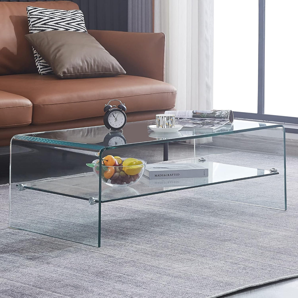 Glass Coffee Table with Shelf Modern Coffee Table for Living Room S39x20x14