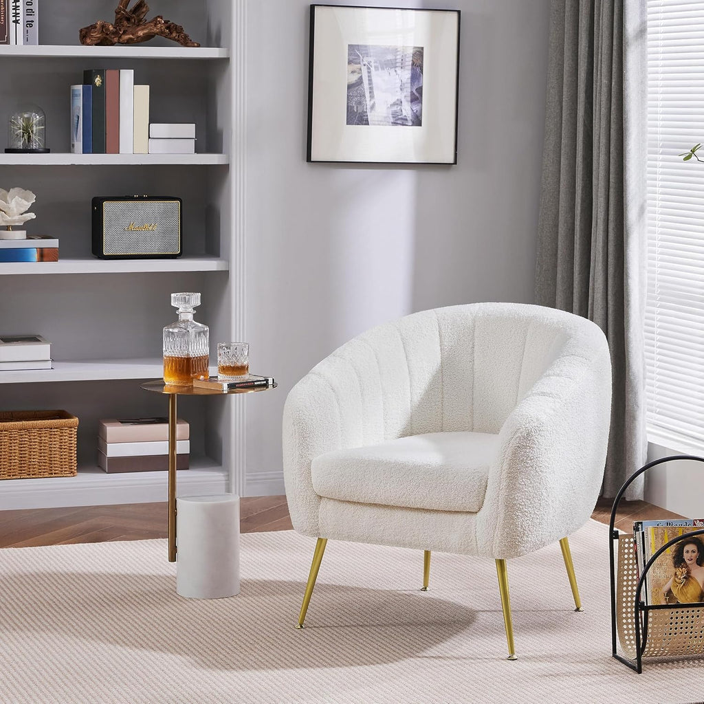 Yaheetech Accent Chair, Modern Cozy Vanity Chair with Gold Metal Legs, Boucle Fabric Armchair with Removable Seat Cushion for Living Room Bedroom Office Guest Room, Ivory, 2 pcs