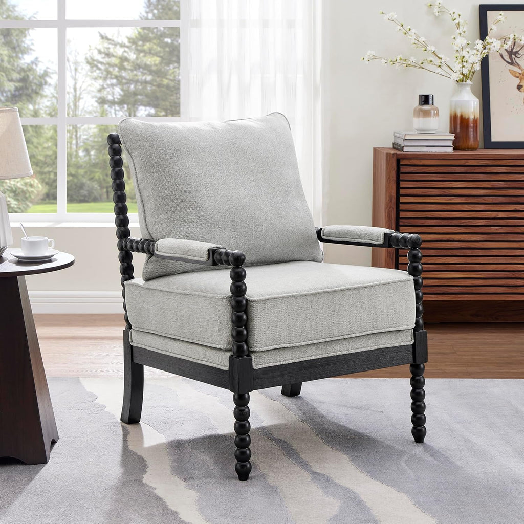 Roundhill Furniture Belvoir Upholstered Spool Accent Chair with Turned Wood Frame, Gray with Black Finish