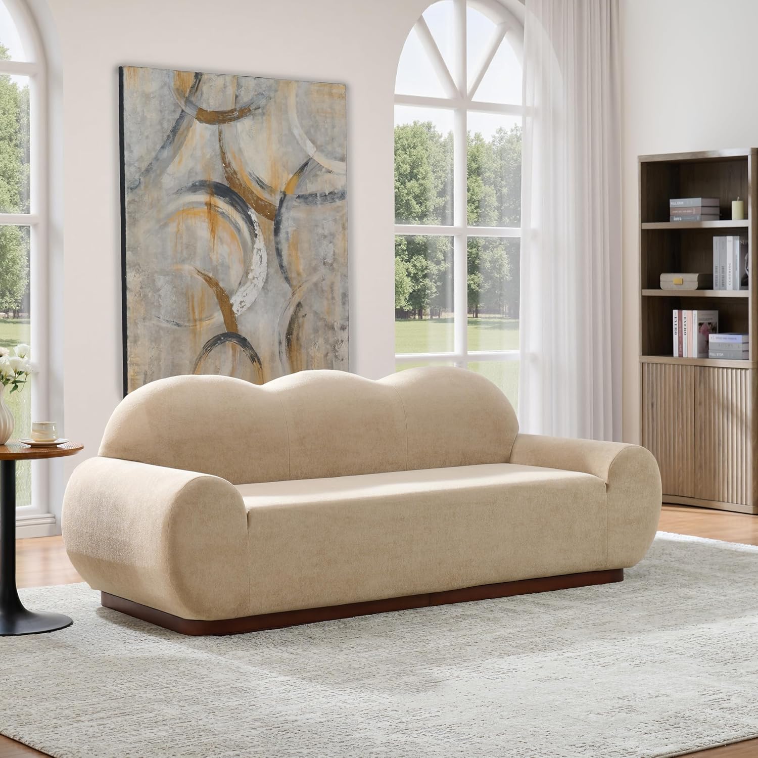 Christopher Knight Home Zera 88' Comfy Velvet Upholstered Cloud Couch, 3-Seater Sofa Couches, Low Profile Home Sofa Living Room with Round Arm, Sturdy Wooden Frame Lounge Chair Indoor, Camel Brown