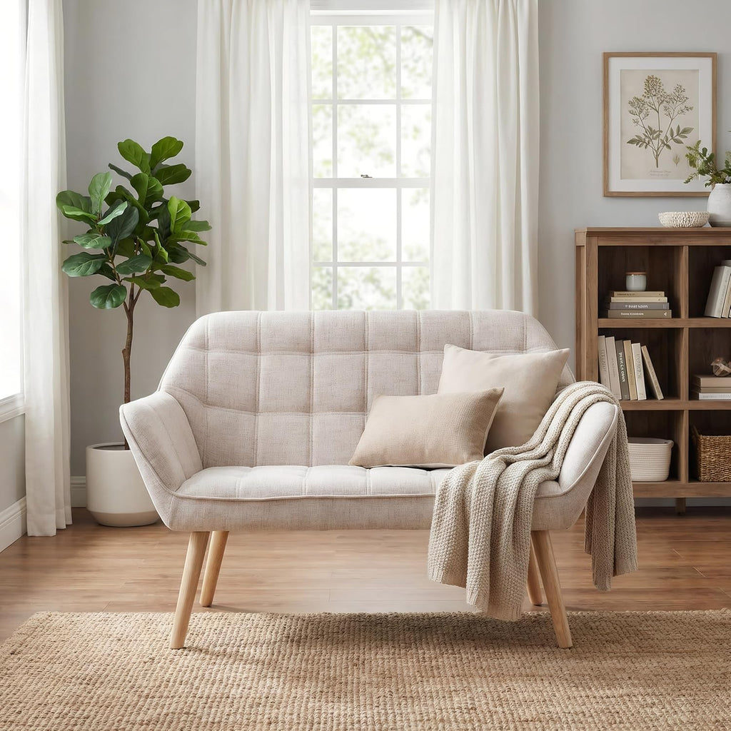 48'Small Loveseat Sofa, Modern Linen Upholstered Mini Couch 2-Seater Fluffy Love Seat with Quilting Backs and Wood Legs for Small Space Living Room, Bedroom, Beige