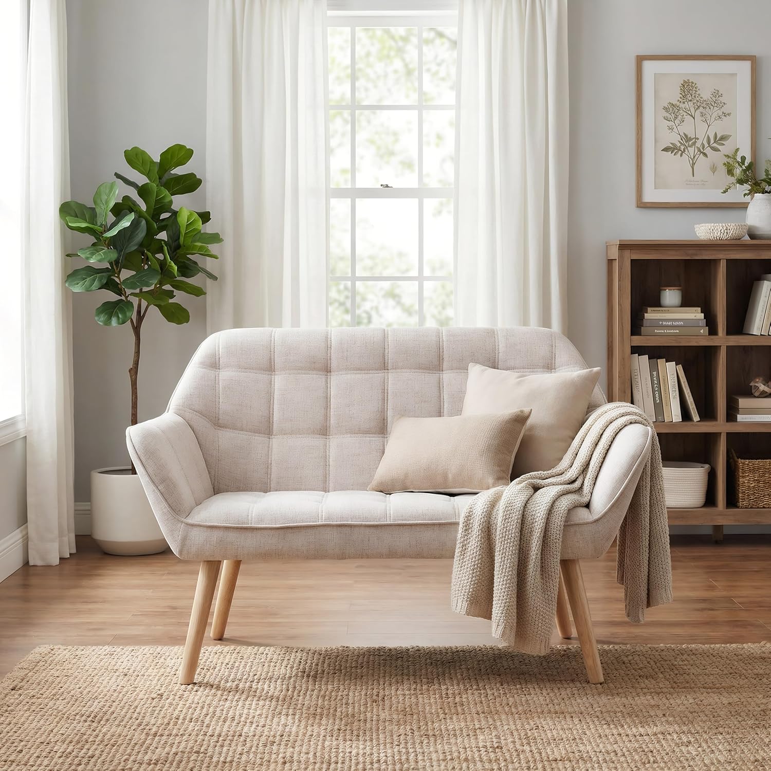 48'Small Loveseat Sofa, Modern Linen Upholstered Mini Couch 2-Seater Fluffy Love Seat with Quilting Backs and Wood Legs for Small Space Living Room, Bedroom, Beige