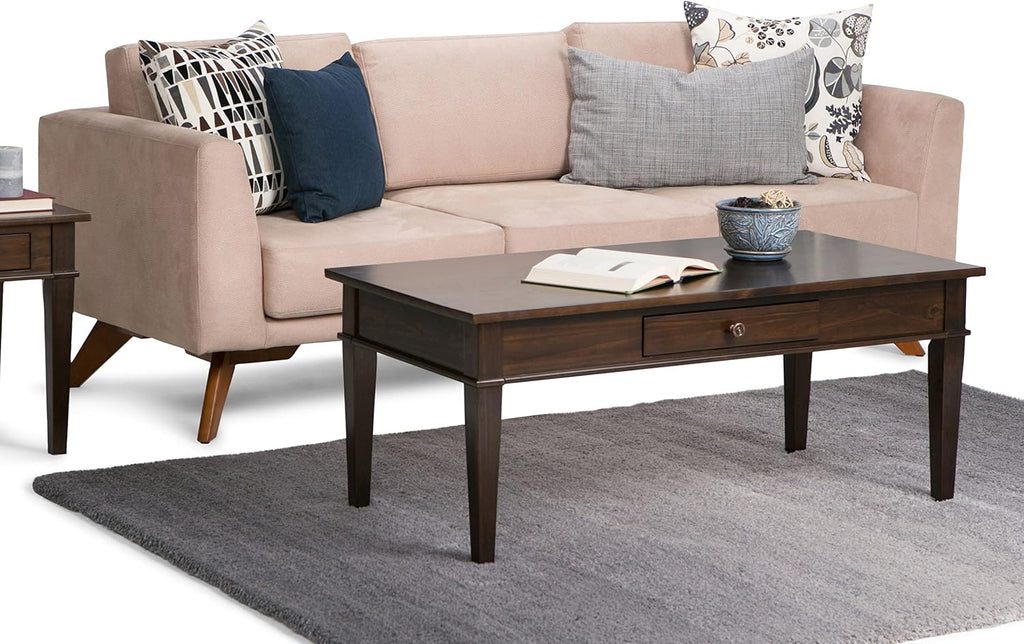 SIMPLIHOME Carlton Coffee Table - 44 inch Wide Solid Wood Transitional Cocktail Table in Dark Tobacco Brown, Classic Living Room Table with Open Storage Shelf and Clean-Lined Tapered Leg Design