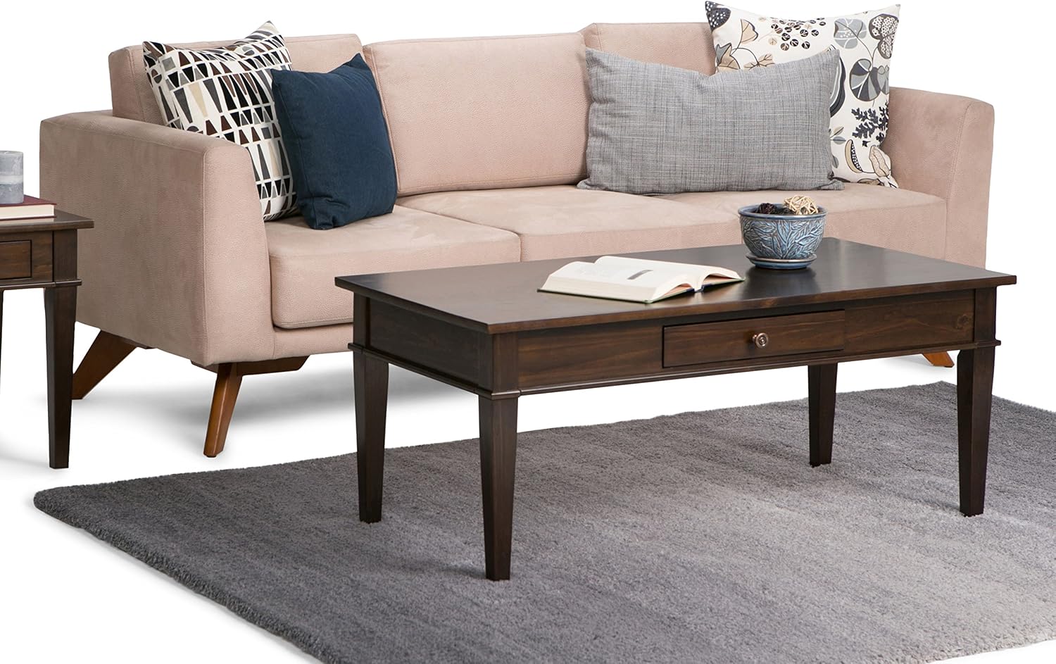 SIMPLIHOME Carlton Coffee Table - 44 inch Wide Solid Wood Transitional Cocktail Table in Dark Tobacco Brown, Classic Living Room Table with Open Storage Shelf and Clean-Lined Tapered Leg Design