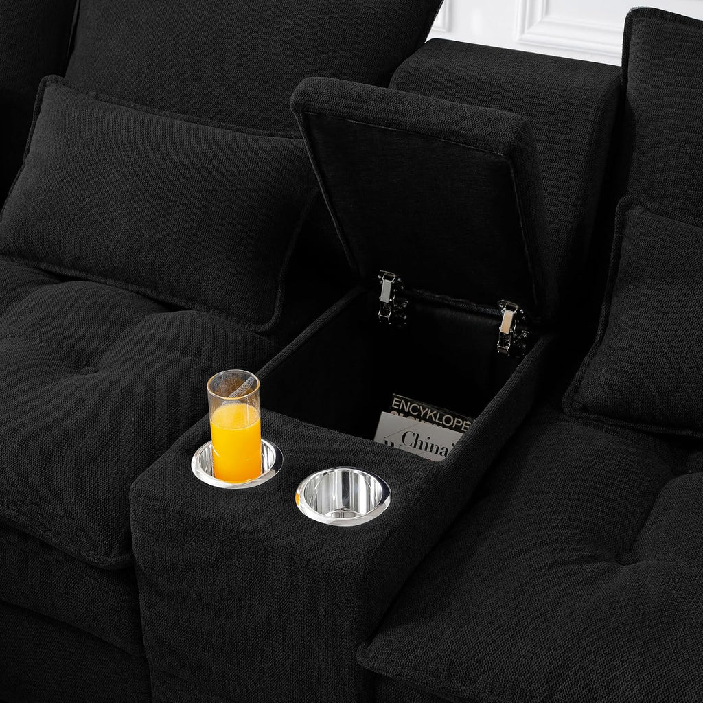 KEIKI 130' U-Shaped 6 seat Sofa with Storage Console, Cup Holders, Upholstered Sectional Sofa, Button Tufted Cloud Cushion Couch for Home, Office, Apartment, Black