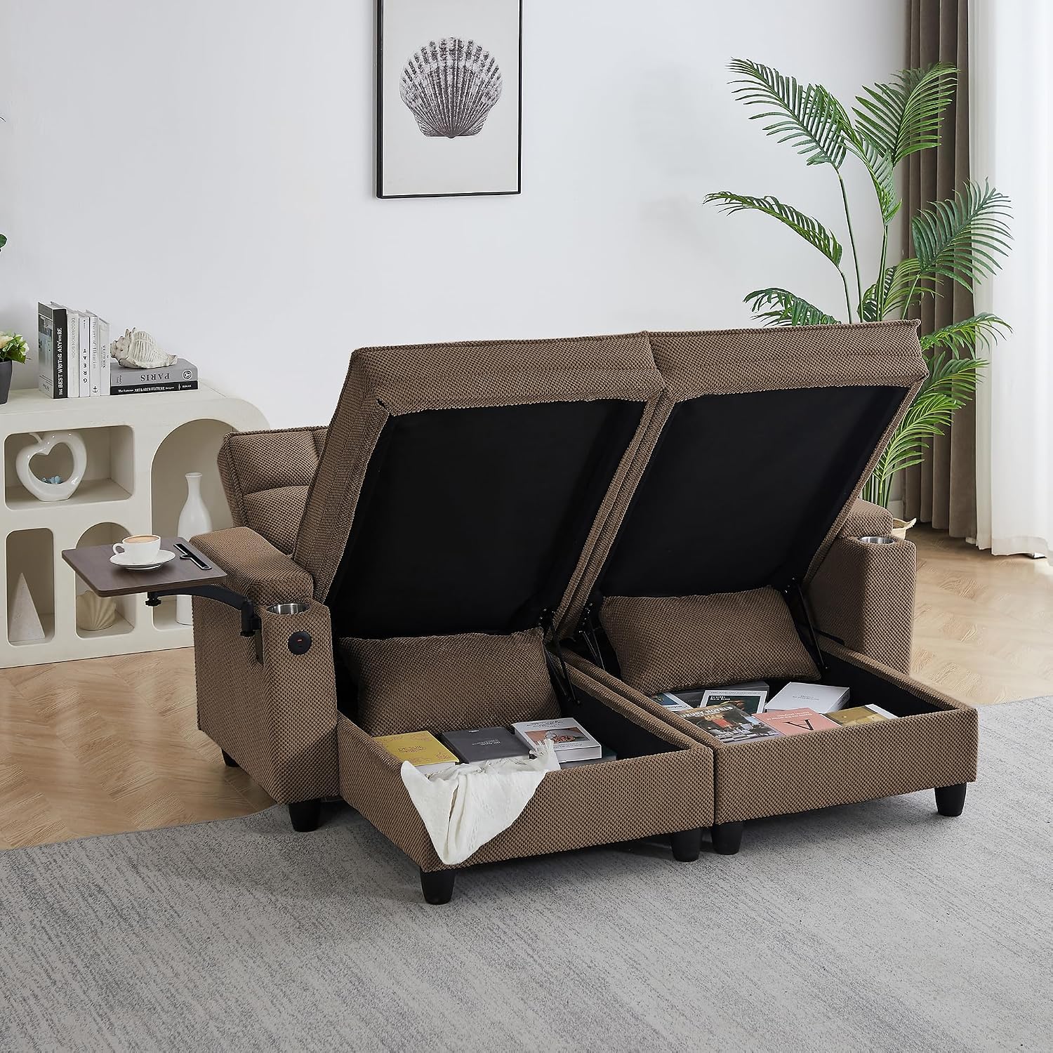 Eafurn Double Chaise Lounge Convertible Sleeper Chair Sofabed W/Storage and 6-Position Reclining Backrest, Modern Tufted Recliner Lounge Chaise Couch with Swivel Table & USB for Living Room