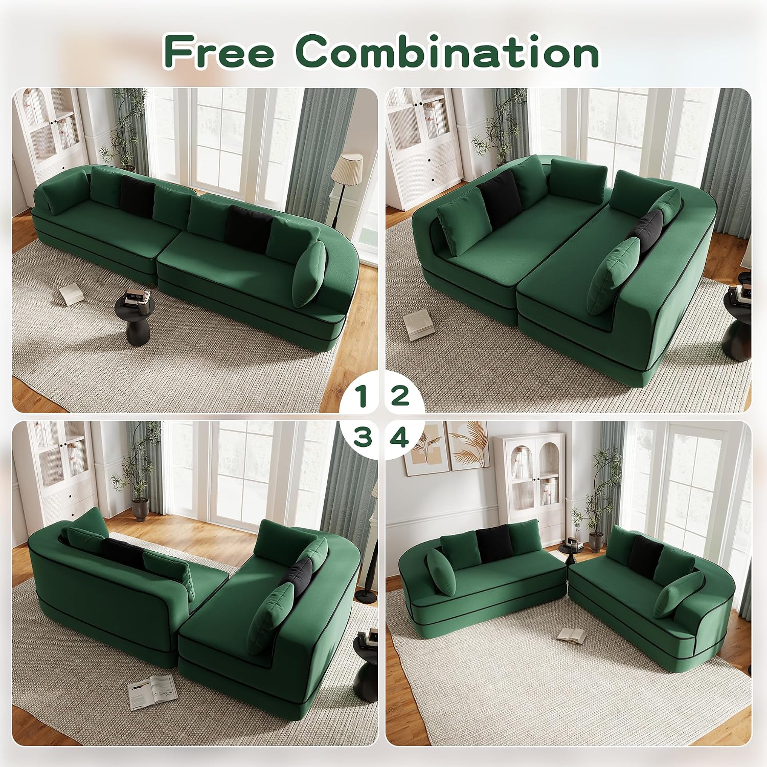 KEIKI Modular Boneless Sectional Teddy Couch with Full Chaise for Living Room, Oversized 135' Full Size Modern Luxury Sofa, for Weekend Lounging and Intimate Movie Nights, Deep Relaxation, Green