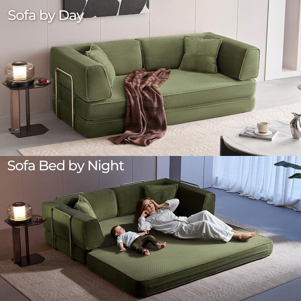 LINSY HOME Sofa Bed Couch - Convertible Boneless Couch Bed with 2 Pillow (Green) | Folding Sofa Bed
