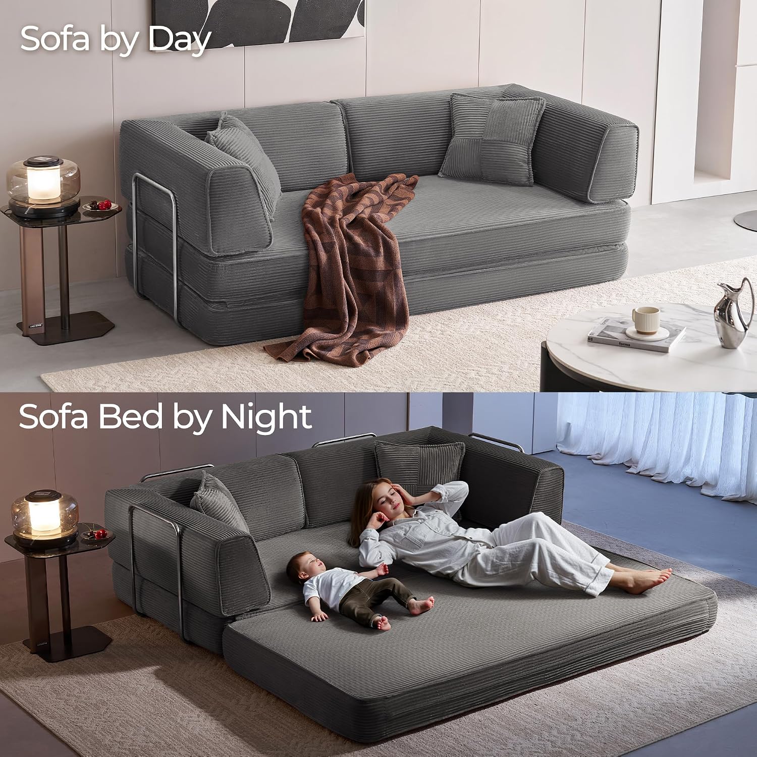 LINSY HOME Sofa Bed Couch - Convertible Boneless Couch Bed with 2 Pillow (Grey) | Folding Sofa Bed