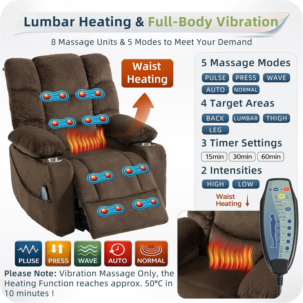 Power Lift Recliner Chair for Elderly, Overstuffed Back Lift Chair with Massage/Heat, Power Recliner Lay Flat 160° Cup Holders for Living Room（Brown）