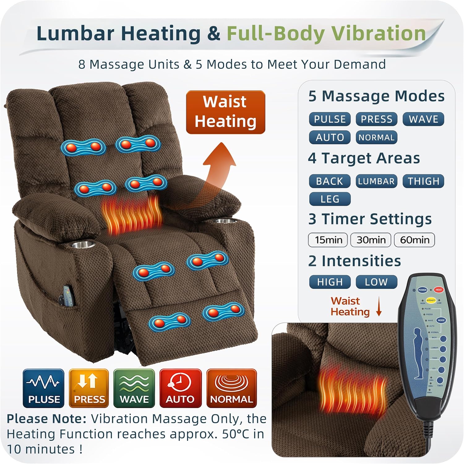 Power Lift Recliner Chair for Elderly, Overstuffed Back Lift Chair with Massage/Heat, Power Recliner Lay Flat 160° Cup Holders for Living Room（Brown）
