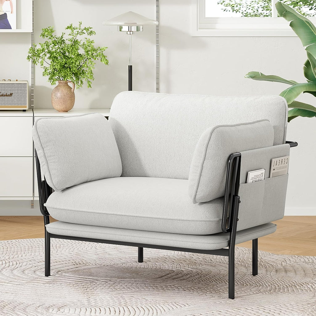 Modern Accent Chairs Set of 2, Oversized Living Room Chairs, Reading Chair with Solid Metal Legs, Fabric Armchair with Side Pockets and 2 Pillows, Accent Chairs for Bedroom, Nursery, White