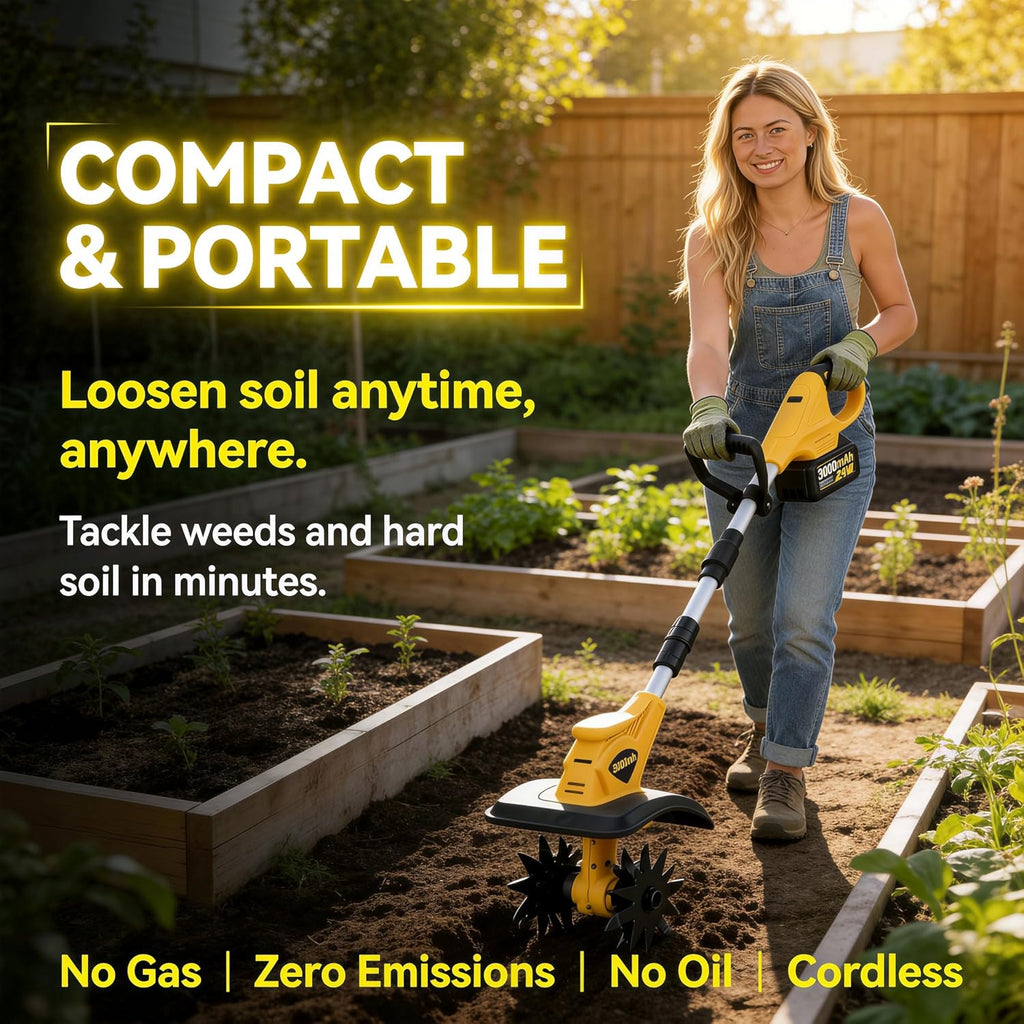 21V Cordless Tiller Cultivator, 360RPM Electric Garden Tiller with 2 x 3.0Ah Batteries, 9-Inch Width & 7-Inch Depth, Lightweight Rototiller for Raised Beds, Flower Beds & Soil Cultivation