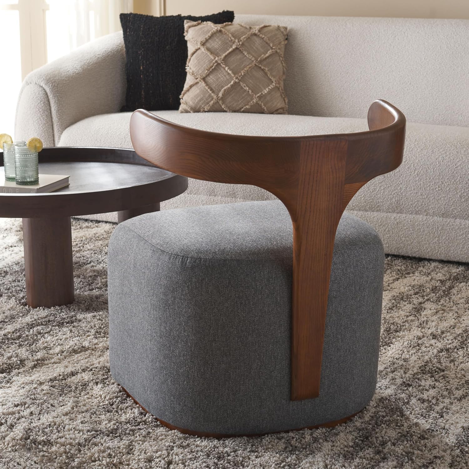 SAFAVIEH Home Collection Oreus Mid-Century Modern Grey Linen/Brown Walnut Solid Wood Accent Chair