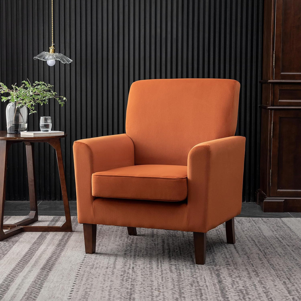 Container Furniture Direct Contemporary Accent Arm Chair with Birch Wood Frame and Velvet Upholstery, Armchair for Office and Living Room Decor, Removable Cushions, Orange