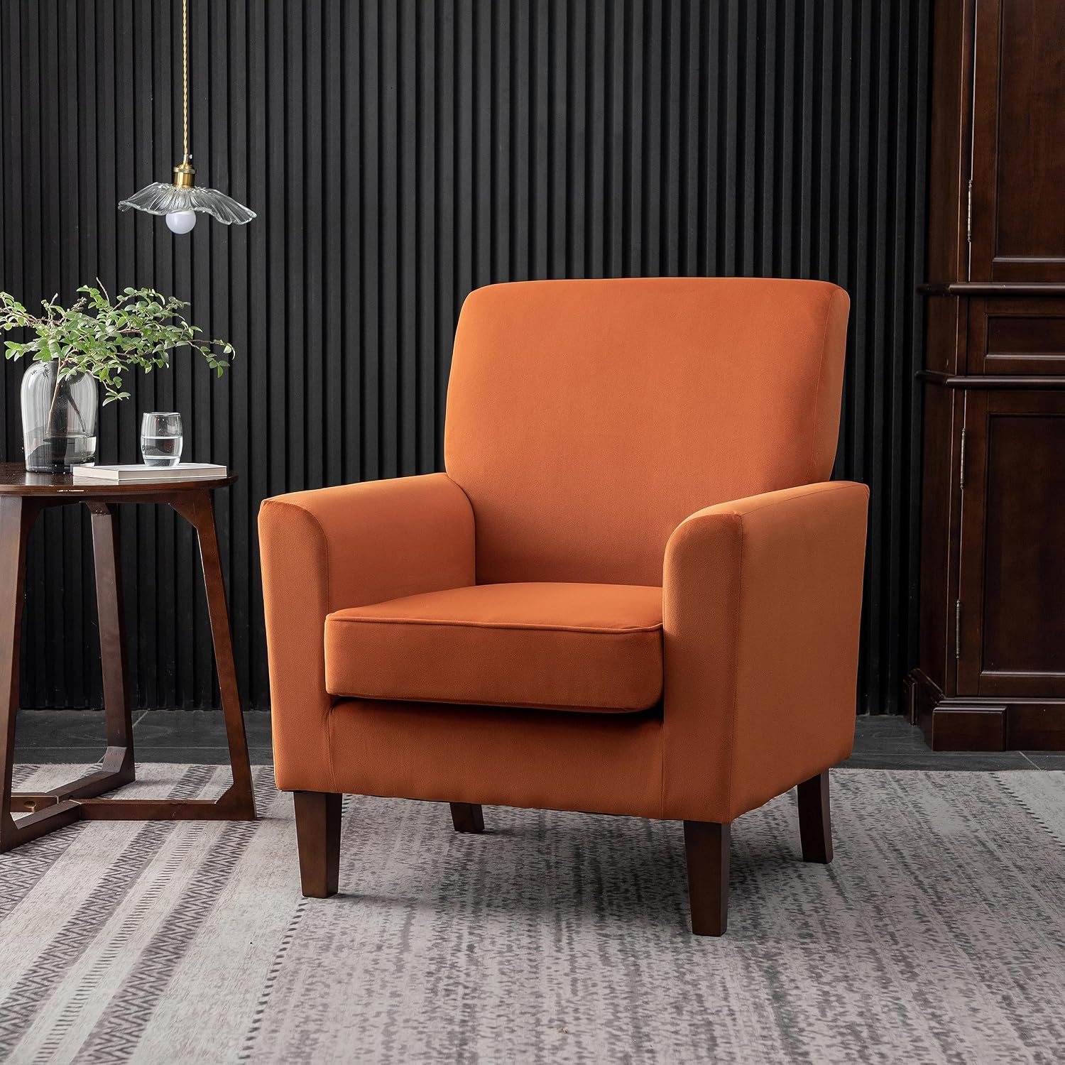 Container Furniture Direct Contemporary Accent Arm Chair with Birch Wood Frame and Velvet Upholstery, Armchair for Office and Living Room Decor, Removable Cushions, Orange