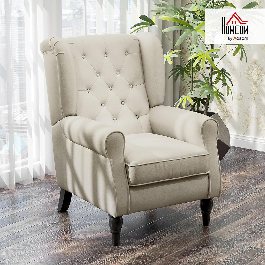 HOMCOM Mid-Century Modern Accent Chair, High Wingback Reading Chair, Button-Tufted Upholstered Fabric Armchair with Retro Wood Legs for Apartment, Living Room, Bedroom, Cream White