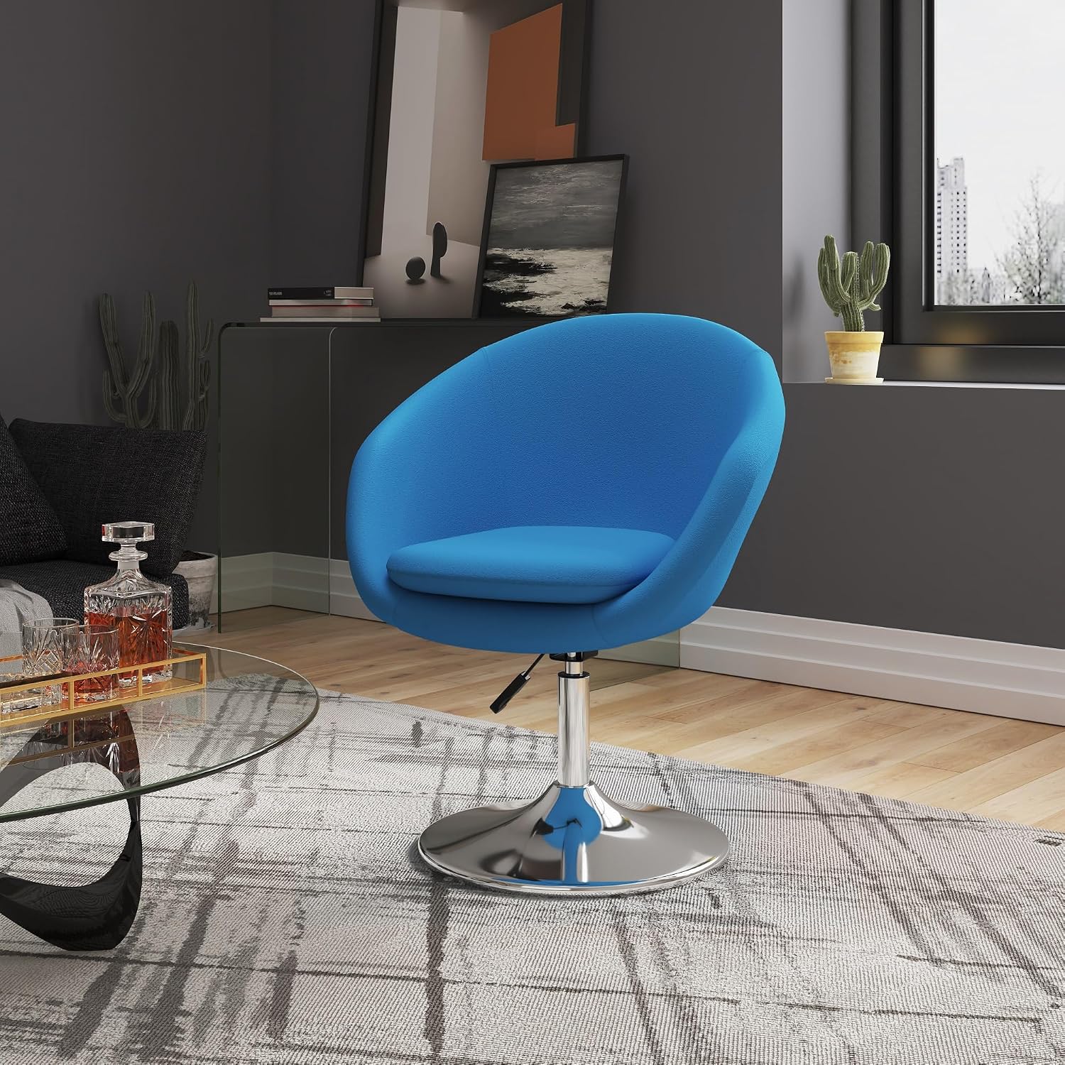 Manhattan Comfort Hopper Adjustable Swivel Accent Chair with 360° Turn, Upholstered Seat, Polished Chrome Base, Modern Bowl Design for Home Office and Living Room, Blue