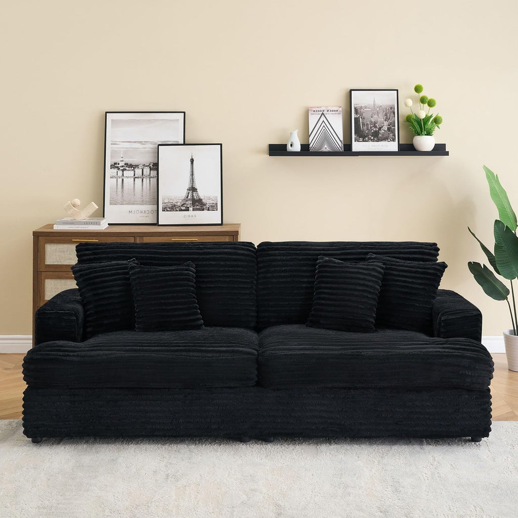 KEIKI 88.58 inch Sofa, Corduroy 3 Seater Couch Sofa with 4 Pillows, Corduroy Sleeper Couch for Living Room, Apartment, Salon, Home Theater, Black